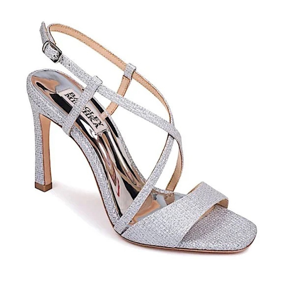 Badgley Mischka Silver Strappy Sandals Dainty 8 Elegant Dress Heel Evening Prom